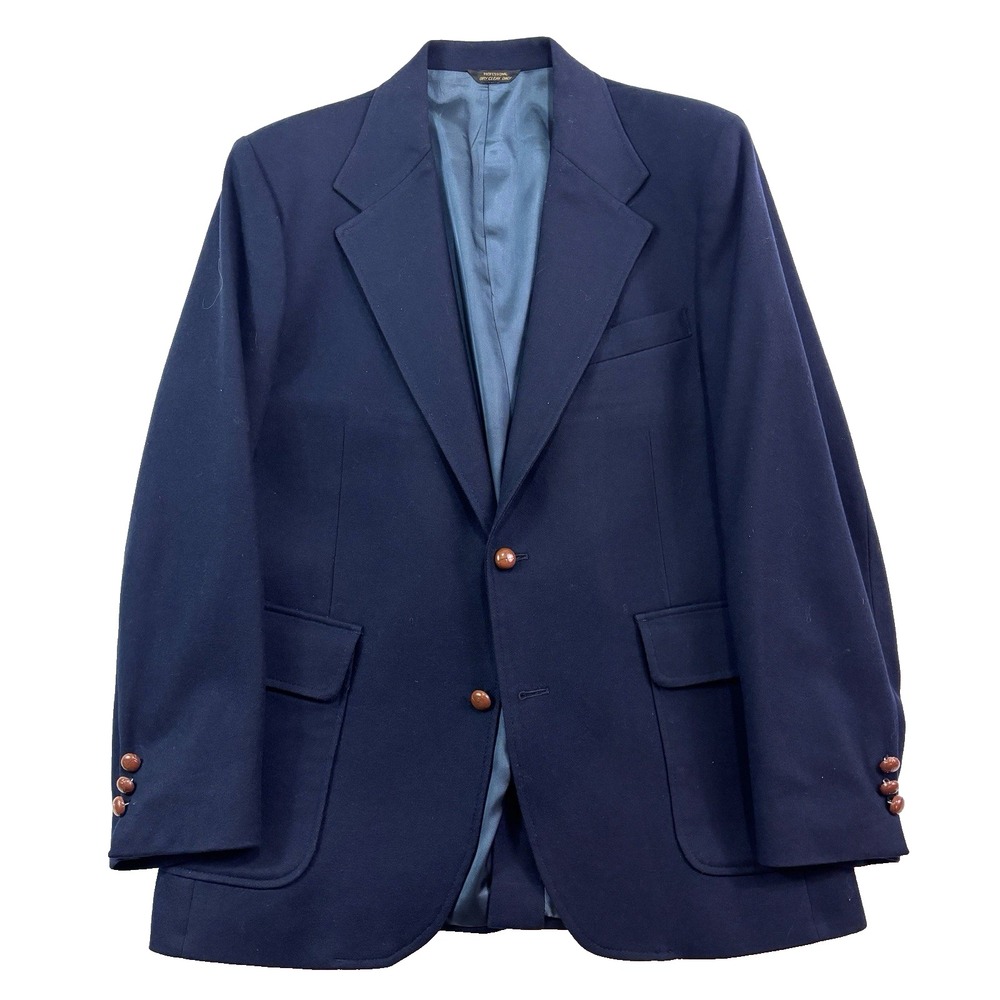 Vintage 90s Tweed Blazer 42R navy blue leather buttons jacket sport‎ suit coat